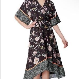 Tahari ASL Black‎ Floral Print V~Neck Faux Wrap Kimono Style Midi Dress Sz XS